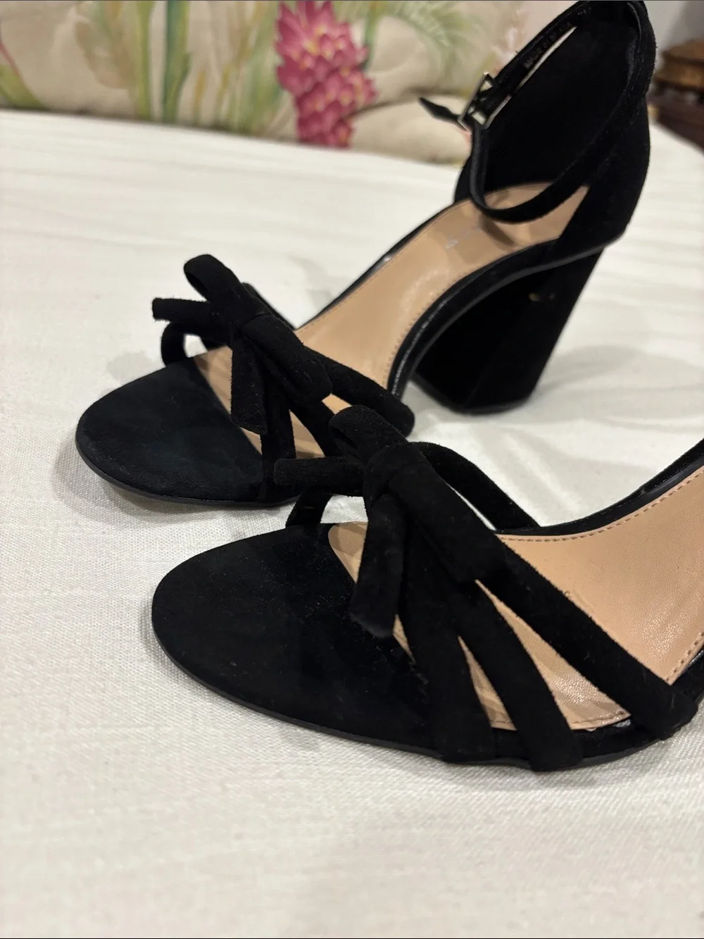 Copper Key Black Suede Ankle-Strap Block Heel Bow Heels
